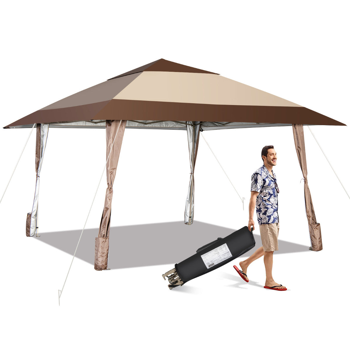 390 x 390 cm Pabellón de Patio UPF 50+ Gran Tienda Emergente con Ruedas Carpa Impermeable para Exterior Marrón