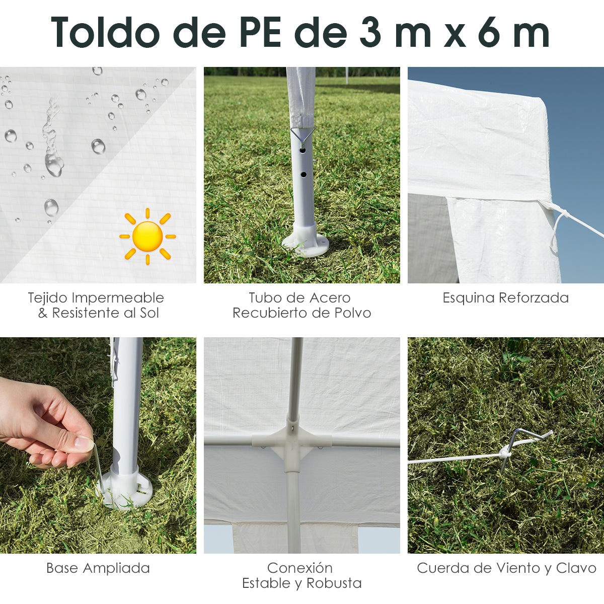 Toldo 3 x 6 m para Boda Gazebo Impermeable con Cuerda de Viento Pabellón de Refugio al Aire Libre para Fiestas Camping