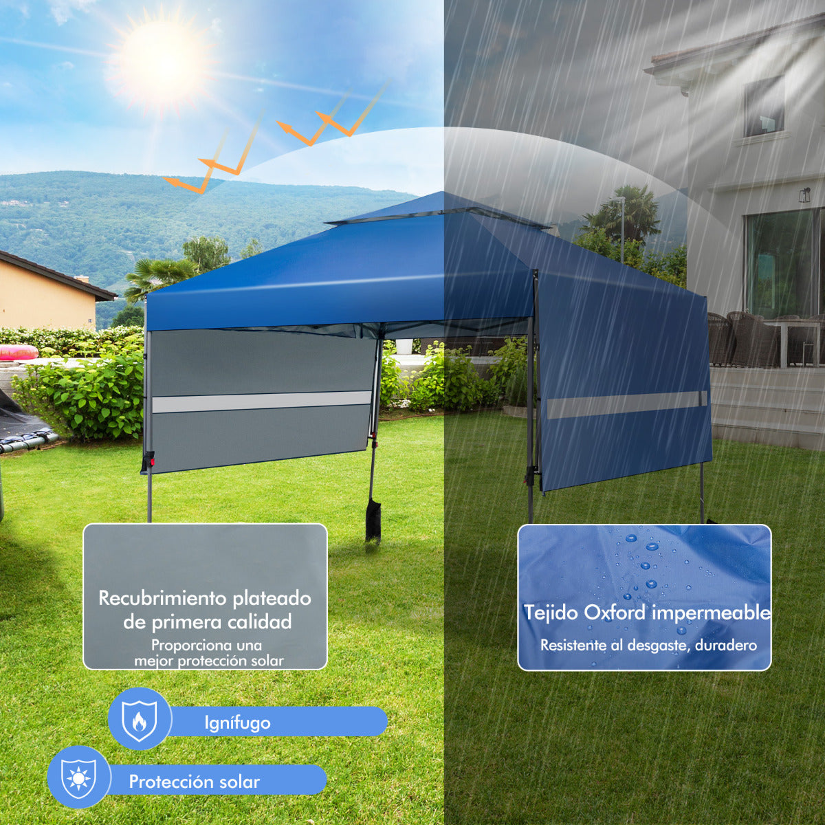 3x3m Pabellón Emergente Instantáneo Plegable para Exterior con Dos Mitades de Toldo Carpa Portátil Ajustable en Altura para Camping Azul