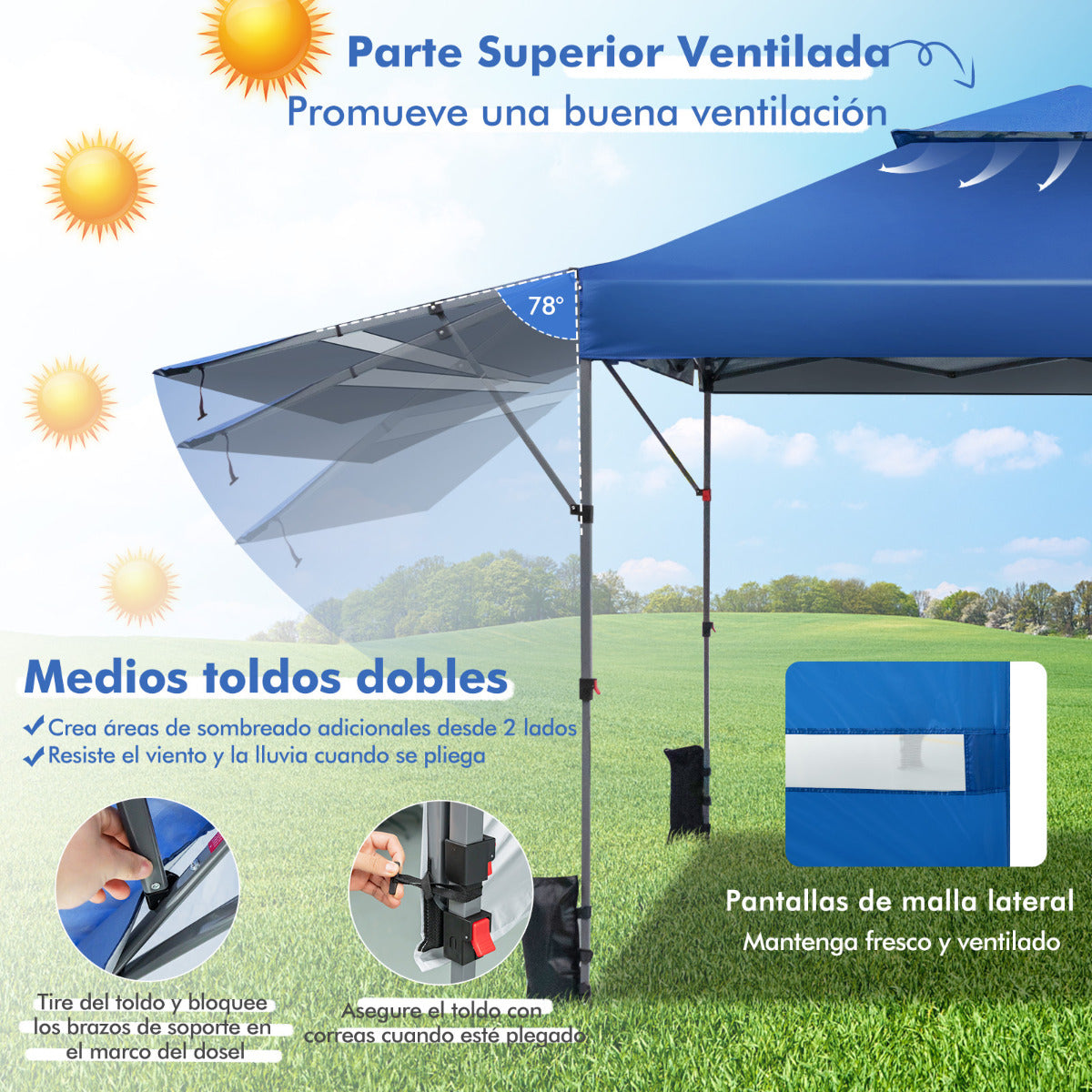 3x3m Pabellón Emergente Instantáneo Plegable para Exterior con Dos Mitades de Toldo Carpa Portátil Ajustable en Altura para Camping Azul