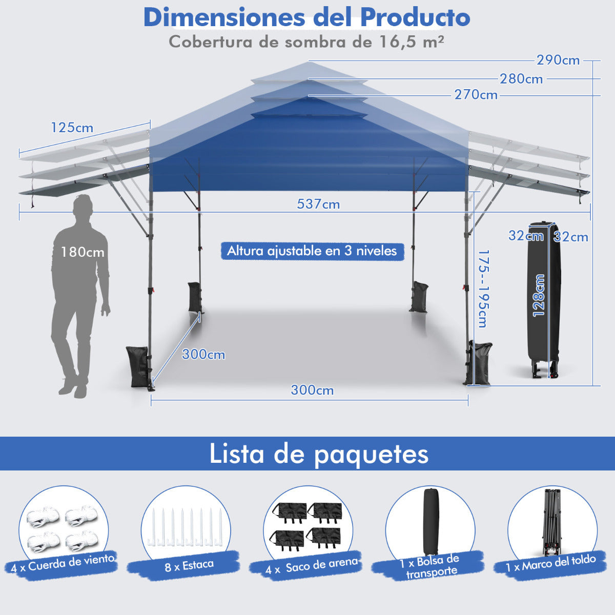 3x3m Pabellón Emergente Instantáneo Plegable para Exterior con Dos Mitades de Toldo Carpa Portátil Ajustable en Altura para Camping Azul