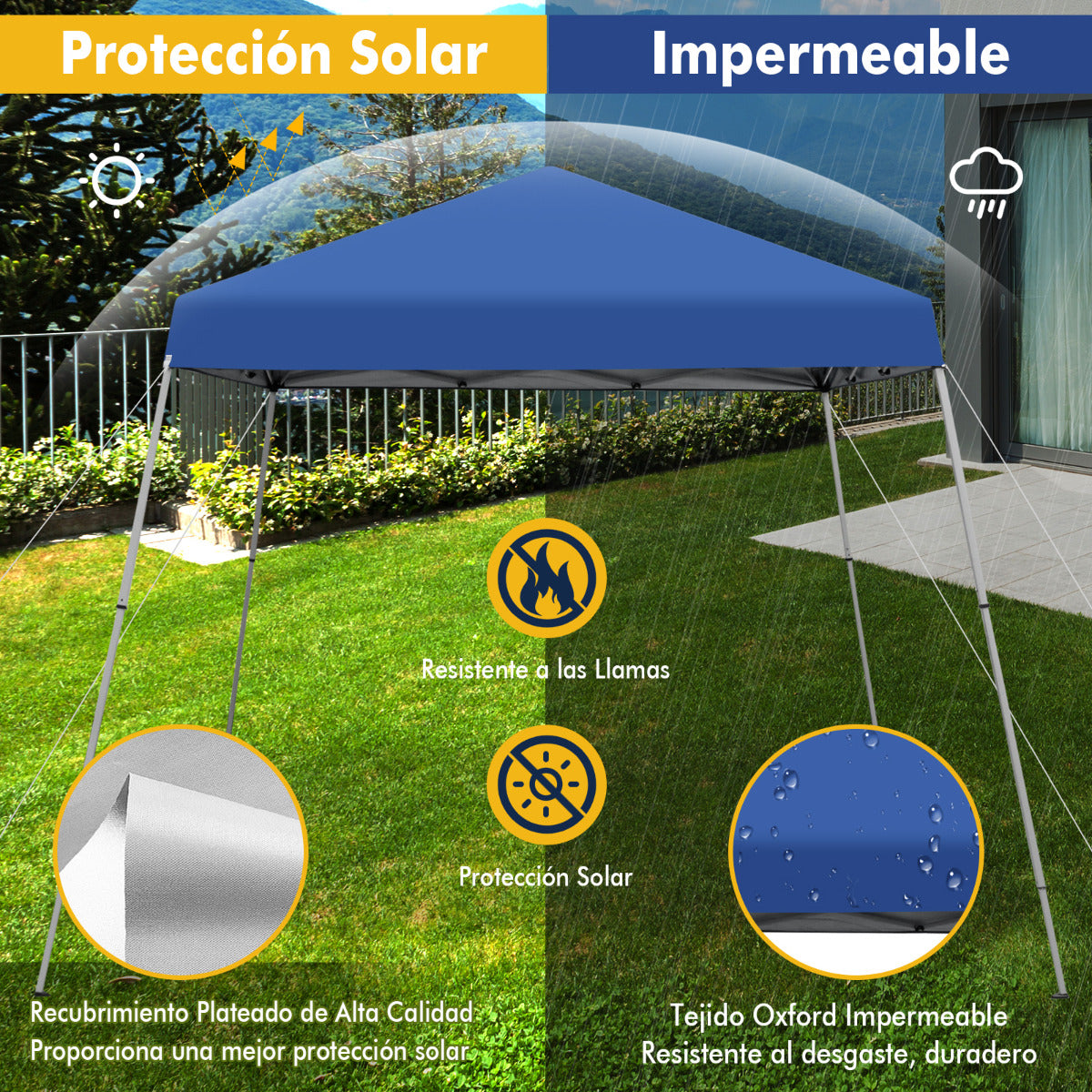3x3m Pabellón Emergente para Exteriores Carpa Plegable con Pata Inclinada Protección Solar UPF50+ Refugio de Sombra Azul