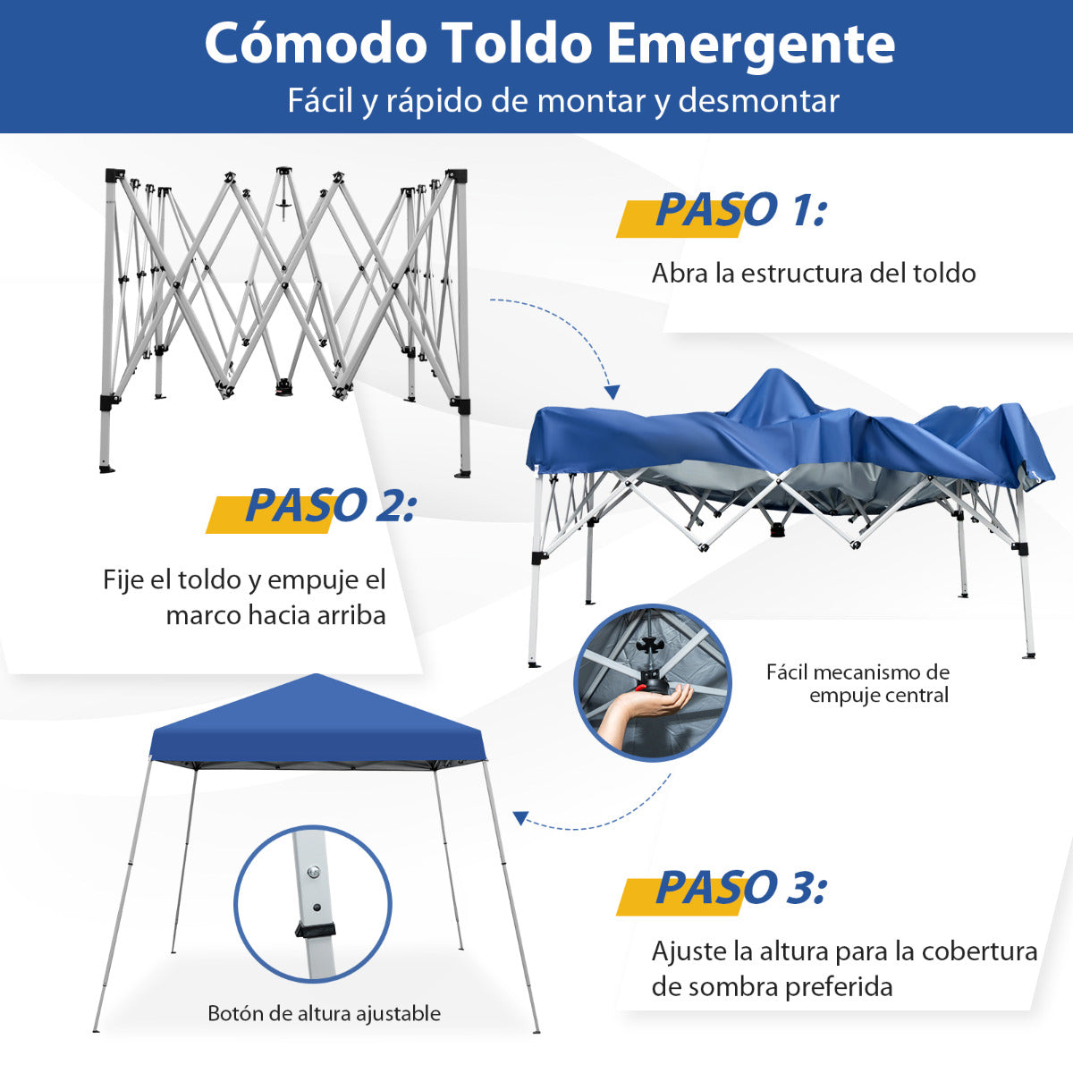 3x3m Pabellón Emergente para Exteriores Carpa Plegable con Pata Inclinada Protección Solar UPF50+ Refugio de Sombra Azul