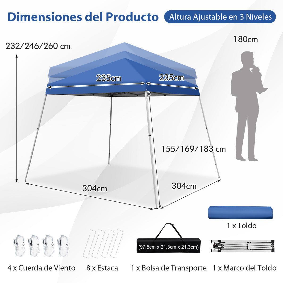 3x3m Pabellón Emergente para Exteriores Carpa Plegable con Pata Inclinada Protección Solar UPF50+ Refugio de Sombra Azul