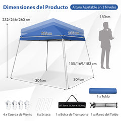 3x3m Pabellón Emergente para Exteriores Carpa Plegable con Pata Inclinada Protección Solar UPF50+ Refugio de Sombra Azul