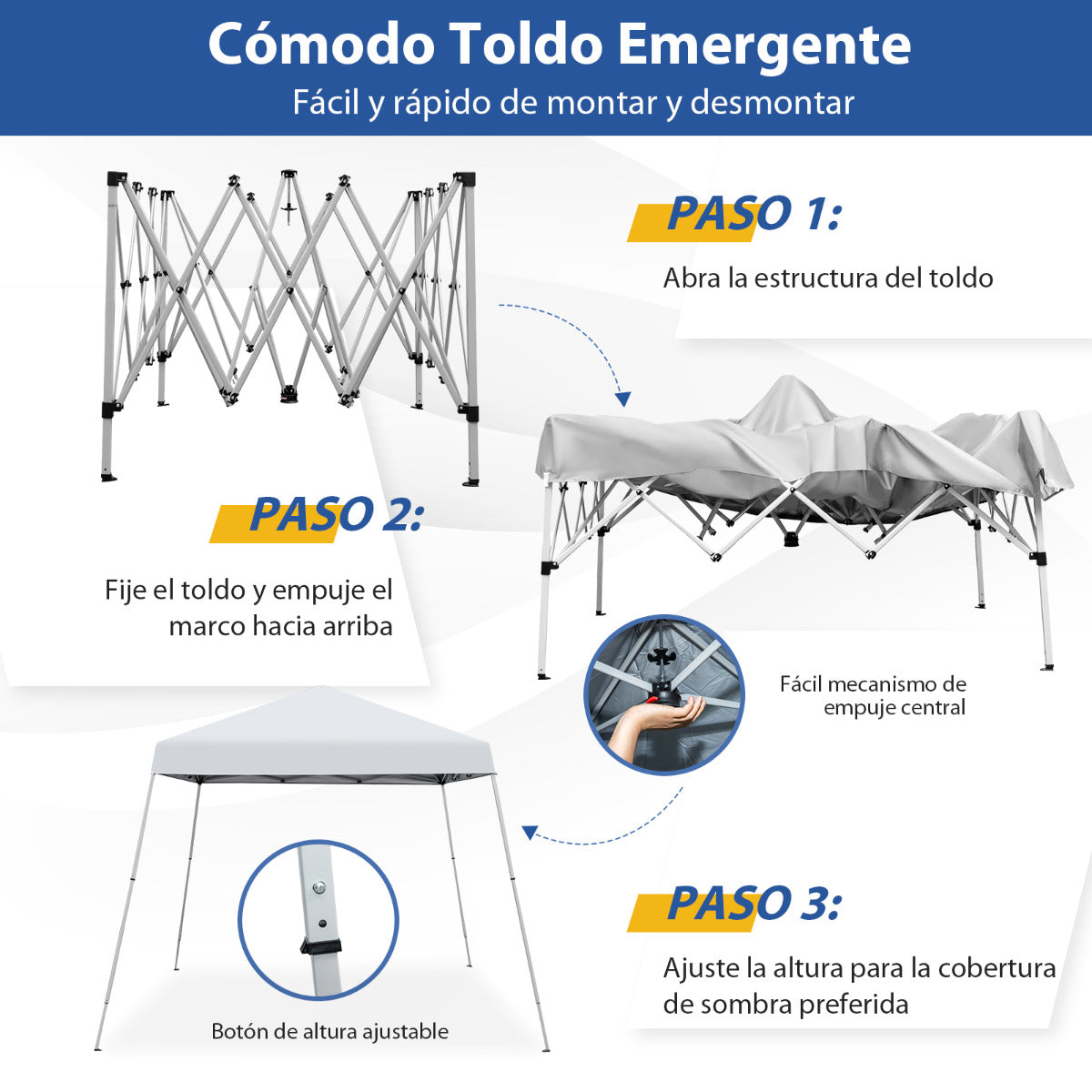 3x3m Pabellón Emergente para Exteriores Carpa Plegable con Pata Inclinada Protección Solar UPF50+ Refugio de Sombra Blanco