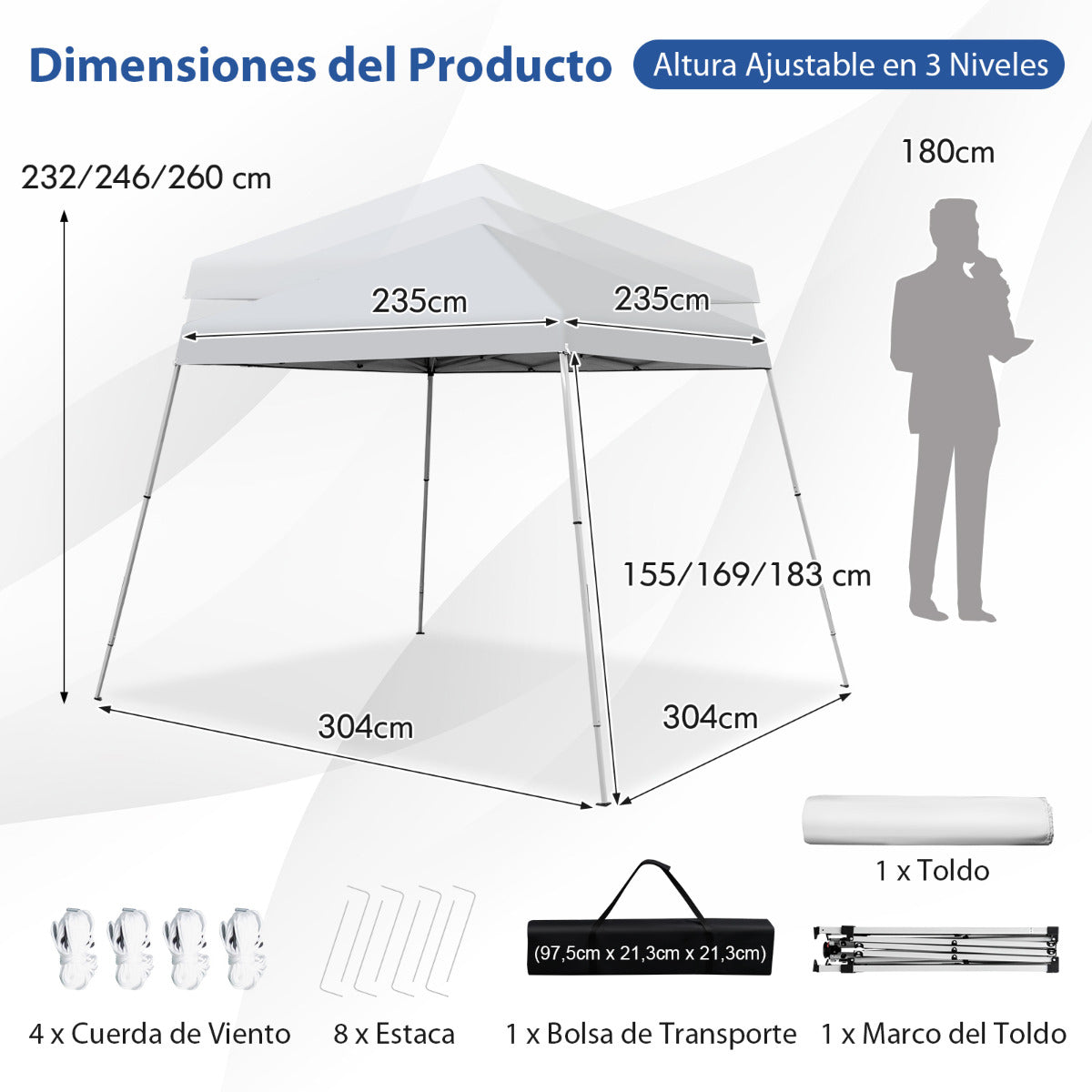 3x3m Pabellón Emergente para Exteriores Carpa Plegable con Pata Inclinada Protección Solar UPF50+ Refugio de Sombra Blanco