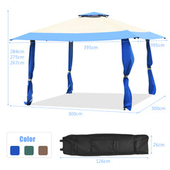 Pabellón de 3 x 3 M Gazebo con Techo de 2 Niveles Tela Oxford 3 Alturas Ajustables para Patio Playa Parque Azul y Beige