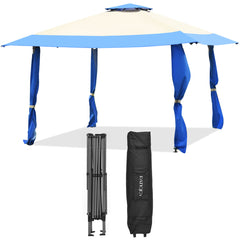 Pabellón de 3 x 3 M Gazebo con Techo de 2 Niveles Tela Oxford 3 Alturas Ajustables para Patio Playa Parque Azul y Beige