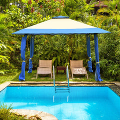 Pabellón de 3 x 3 M Gazebo con Techo de 2 Niveles Tela Oxford 3 Alturas Ajustables para Patio Playa Parque Azul y Beige