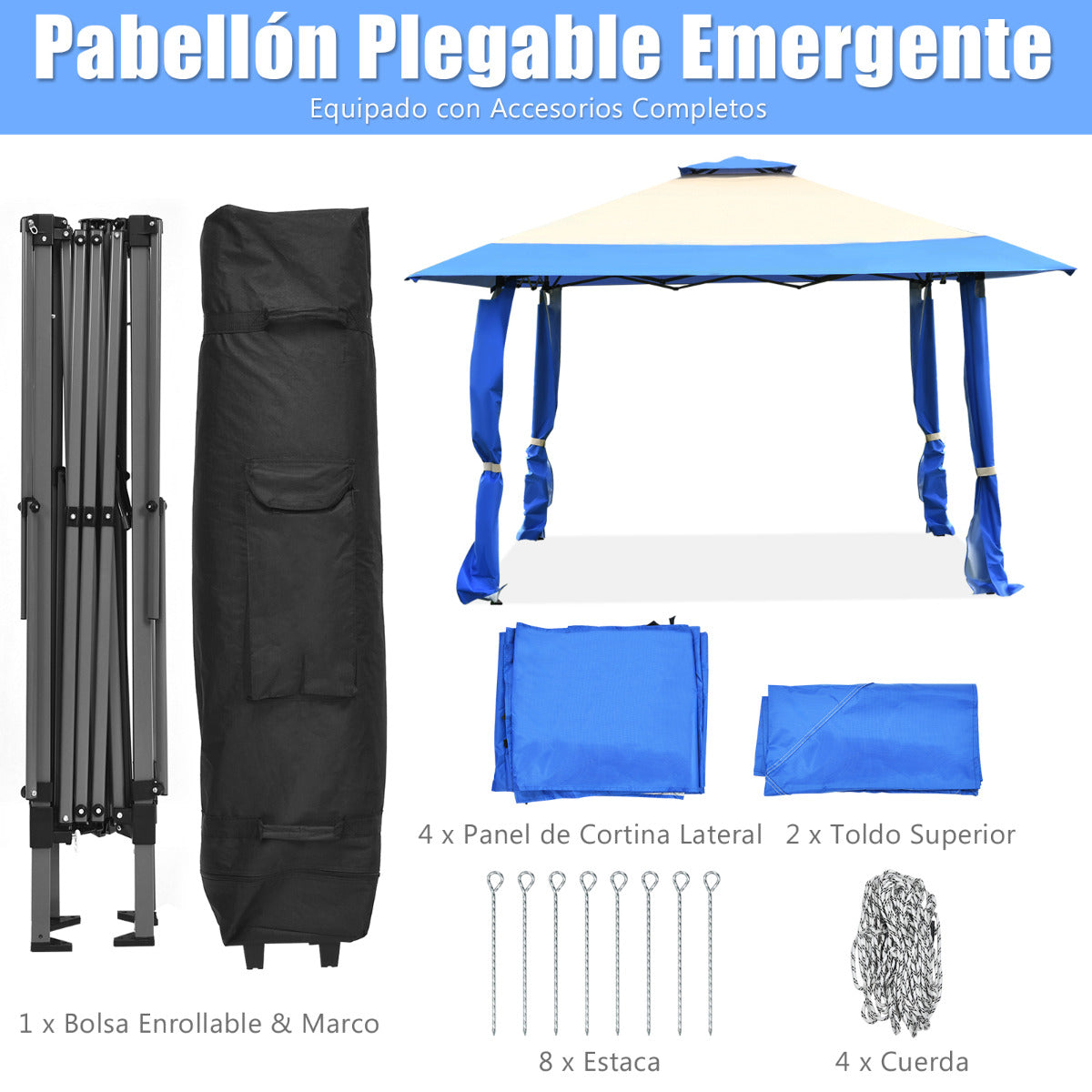 Pabellón de 3 x 3 M Gazebo con Techo de 2 Niveles Tela Oxford 3 Alturas Ajustables para Patio Playa Parque Azul y Beige