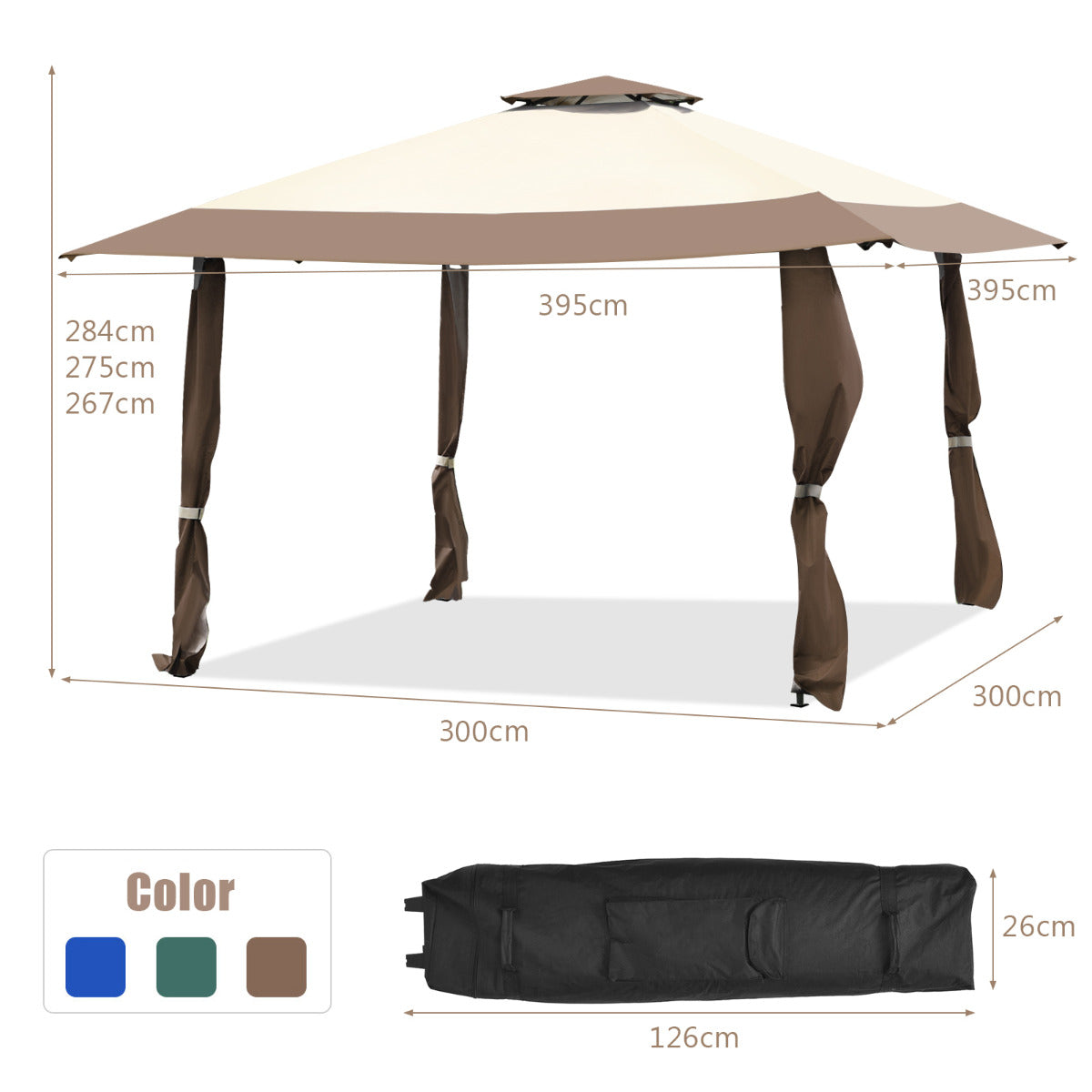 Pabellón de 3 x 3 M Gazebo con Techo de 2 Niveles Tela Oxford 3 Alturas Ajustables para Patio Playa Parque Marrón y Beige