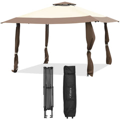 Pabellón de 3 x 3 M Gazebo con Techo de 2 Niveles Tela Oxford 3 Alturas Ajustables para Patio Playa Parque Marrón y Beige