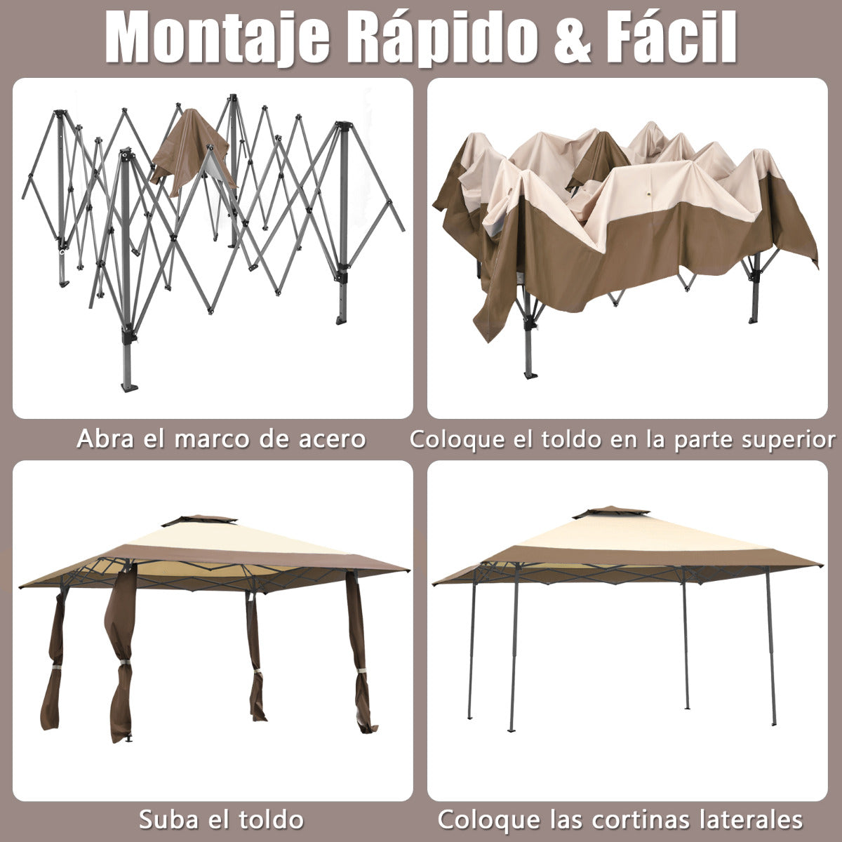 Pabellón de 3 x 3 M Gazebo con Techo de 2 Niveles Tela Oxford 3 Alturas Ajustables para Patio Playa Parque Marrón y Beige
