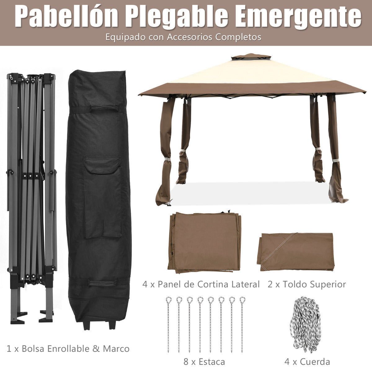 Pabellón de 3 x 3 M Gazebo con Techo de 2 Niveles Tela Oxford 3 Alturas Ajustables para Patio Playa Parque Marrón y Beige