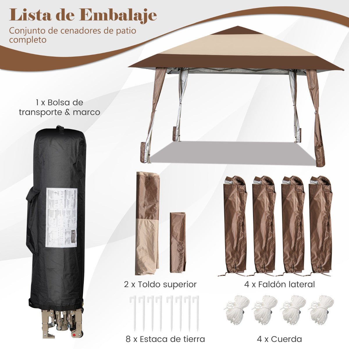 390 x 390 cm Pabellón de Patio UPF 50+ Gran Tienda Emergente con Ruedas Carpa Impermeable para Exterior Marrón