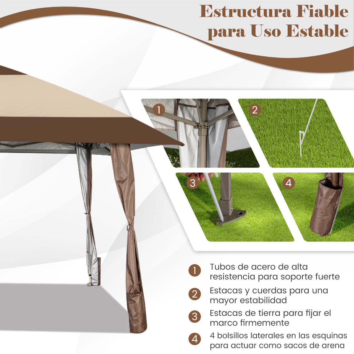 390 x 390 cm Pabellón de Patio UPF 50+ Gran Tienda Emergente con Ruedas Carpa Impermeable para Exterior Marrón