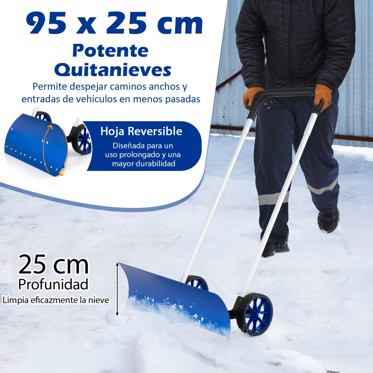 Pala de Nieve de Aluminio 95 CM con Ruedas Empujador de Nieve con Cuchilla Angulada Reversible y Bidireccional Mango Ajustable de 90° Azul