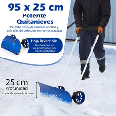 Pala de Nieve de Aluminio 95 CM con Ruedas Empujador de Nieve con Cuchilla Angulada Reversible y Bidireccional Mango Ajustable de 90° Azul
