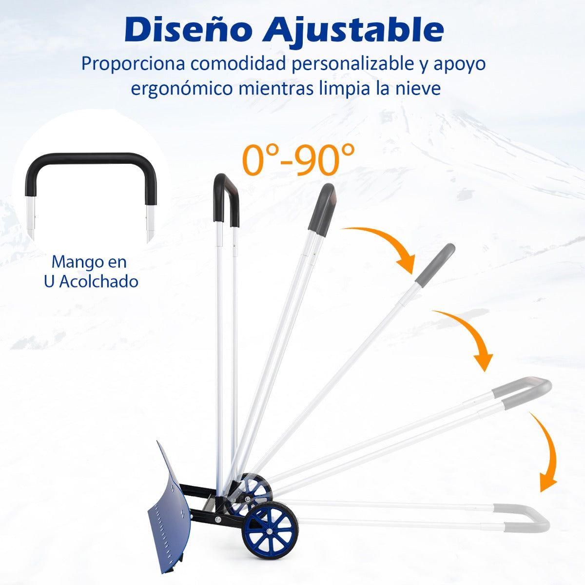 Pala de Nieve de Aluminio 95 CM con Ruedas Empujador de Nieve con Cuchilla Angulada Reversible y Bidireccional Mango Ajustable de 90° Azul