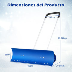 Pala de Nieve de Aluminio 95 CM con Ruedas Empujador de Nieve con Cuchilla Angulada Reversible y Bidireccional Mango Ajustable de 90° Azul