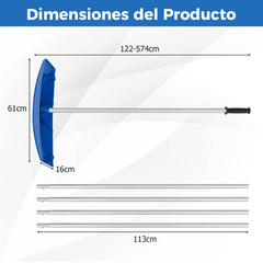 Pala Ligera para Nieve Pala de Limpieza de Techo Ajustable con 5 Varillas Longitud Máxima de 574 CM 2 Ruedas Cabeza Ancha Tubos de Aluminio