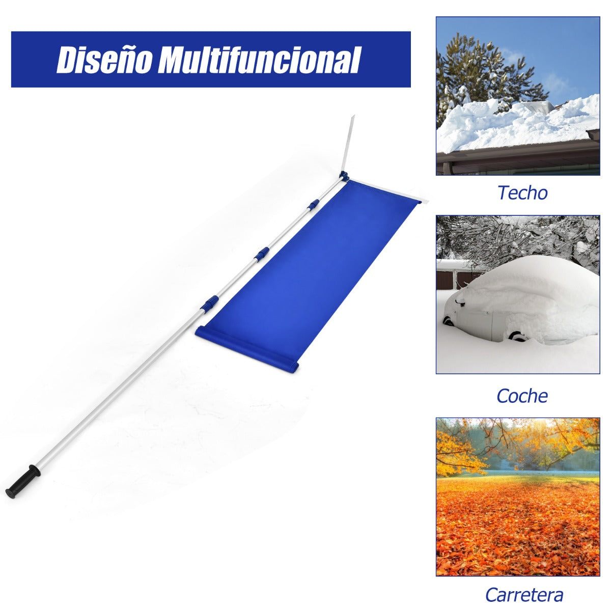 Pala Nieve de 189-620 cm Pala Quitanieves de Aluminio con Mango Extensible y Antideslizante con Pomo de Ajuste para Remover Hojas Mojadas