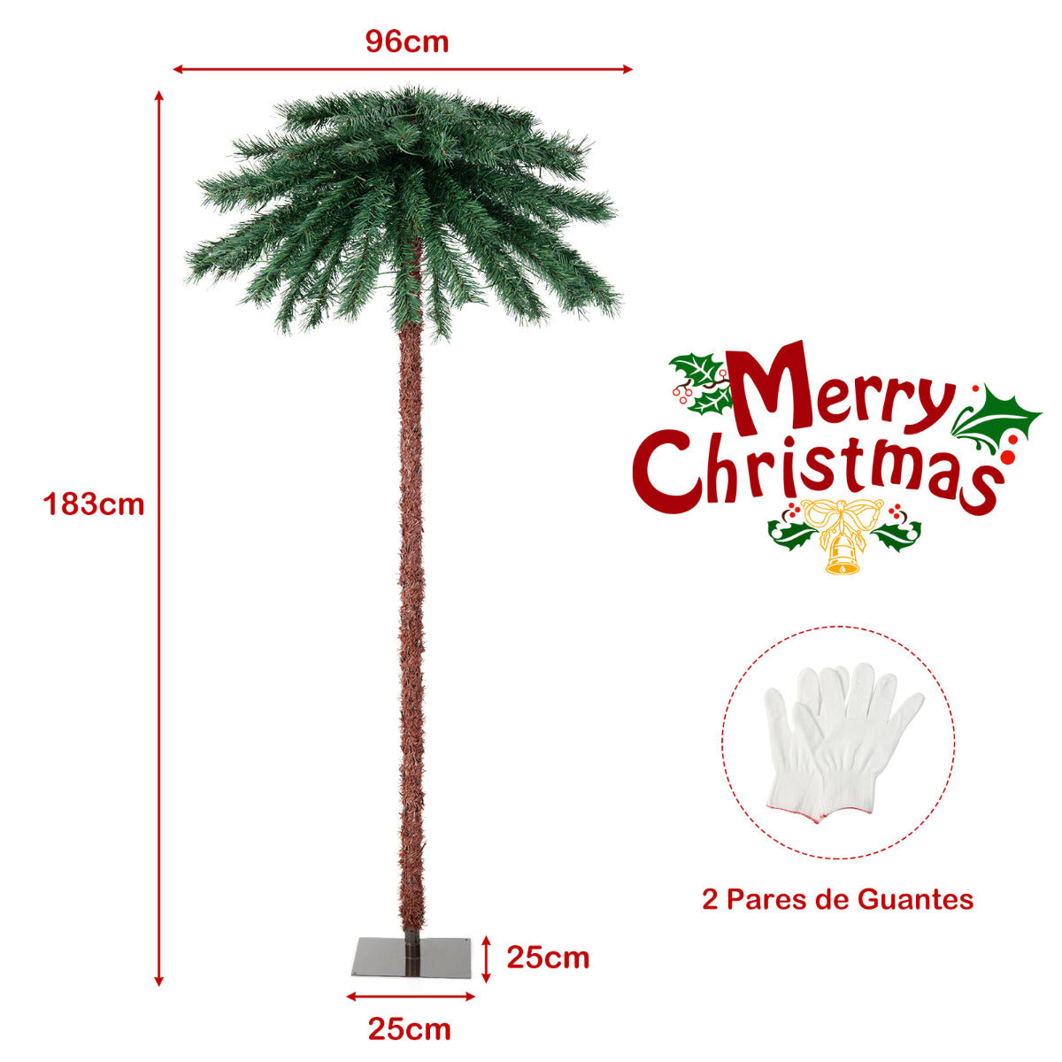 183 cm Palmera Artificial con 210 Luces LED 64 Puntas de Rama PVC Árbol Decorativo Preiluminado para Navidad