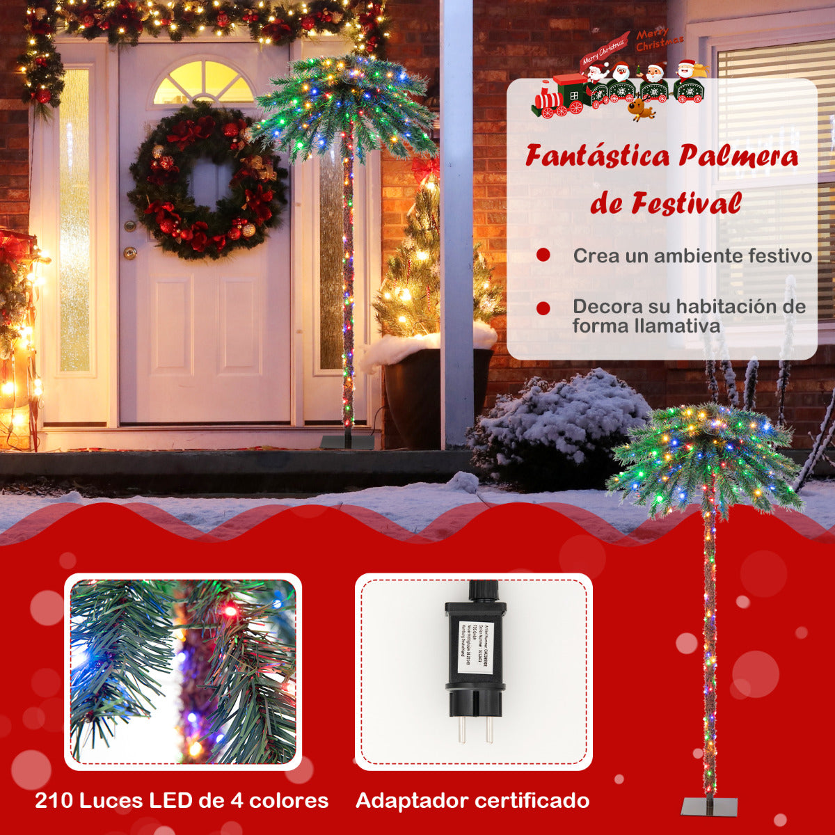 183 cm Palmera Artificial con 210 Luces LED 64 Puntas de Rama PVC Árbol Decorativo Preiluminado para Navidad