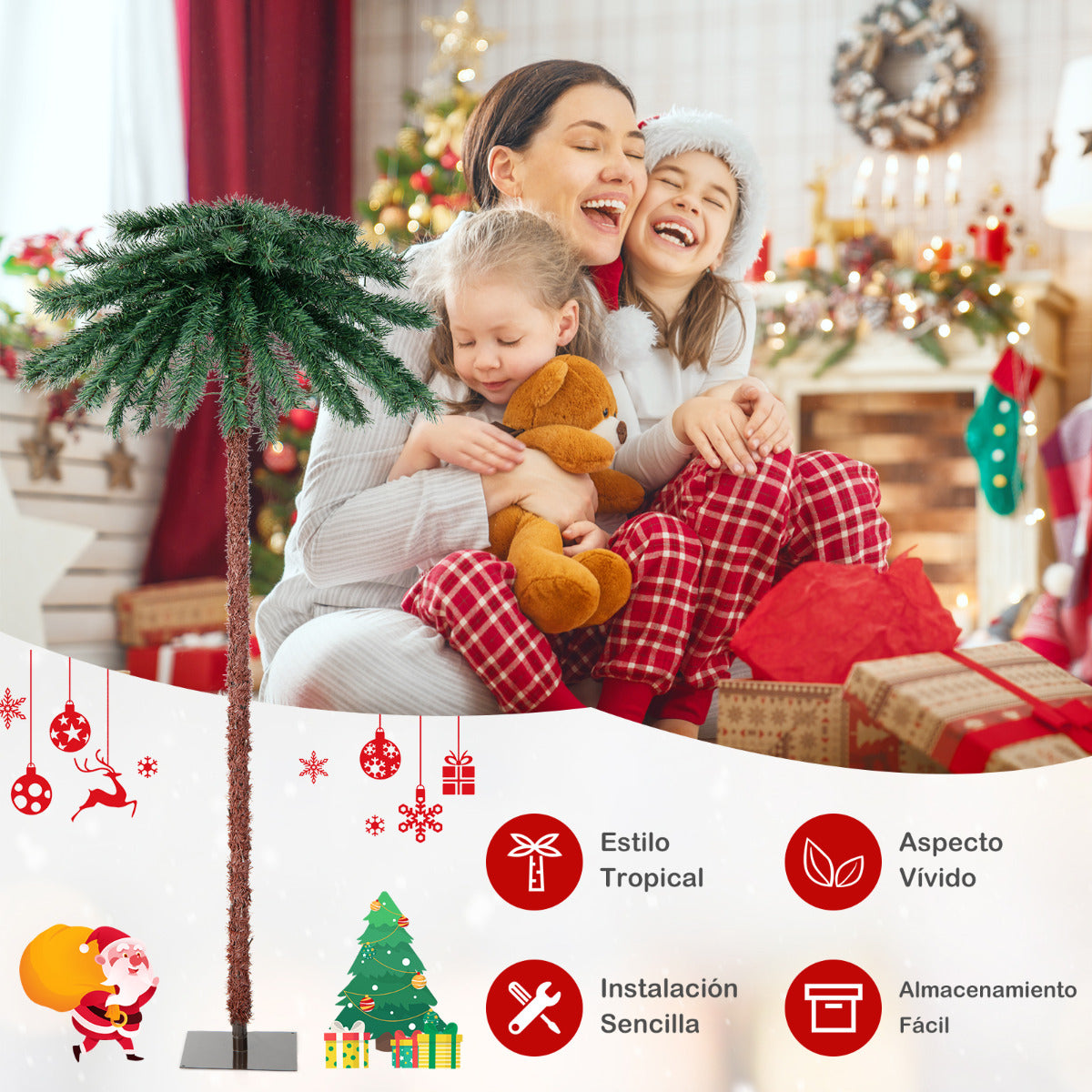 183 cm Palmera Artificial con 210 Luces LED 64 Puntas de Rama PVC Árbol Decorativo Preiluminado para Navidad