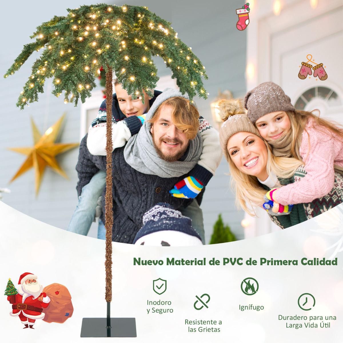180 cm Palmera Artificial de Navidad Pre-Iluminada con 250 Luces LED 813 Puntas de Rama Estructura Abatible con Soporte