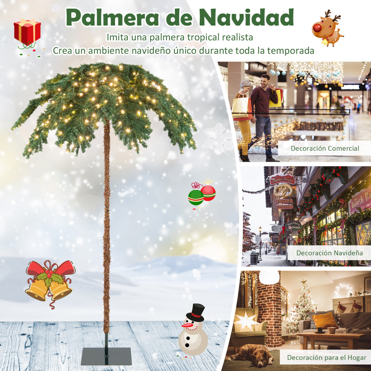 180 cm Palmera Artificial de Navidad Pre-Iluminada con 250 Luces LED 813 Puntas de Rama Estructura Abatible con Soporte