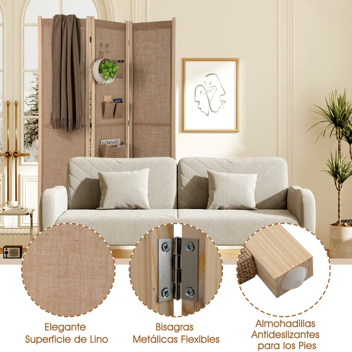 Pantalla Plegable de Privacidad 4 Paneles con Bolsas de Almacenaje Ganchos para Hogar Oficina Beige