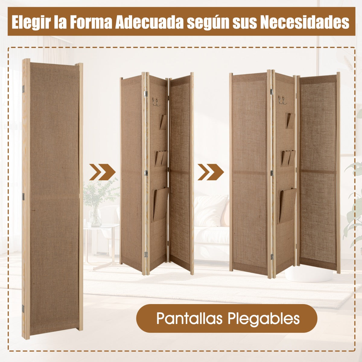 Pantalla Plegable de Privacidad 4 Paneles con Bolsas de Almacenaje Ganchos para Hogar Oficina Beige