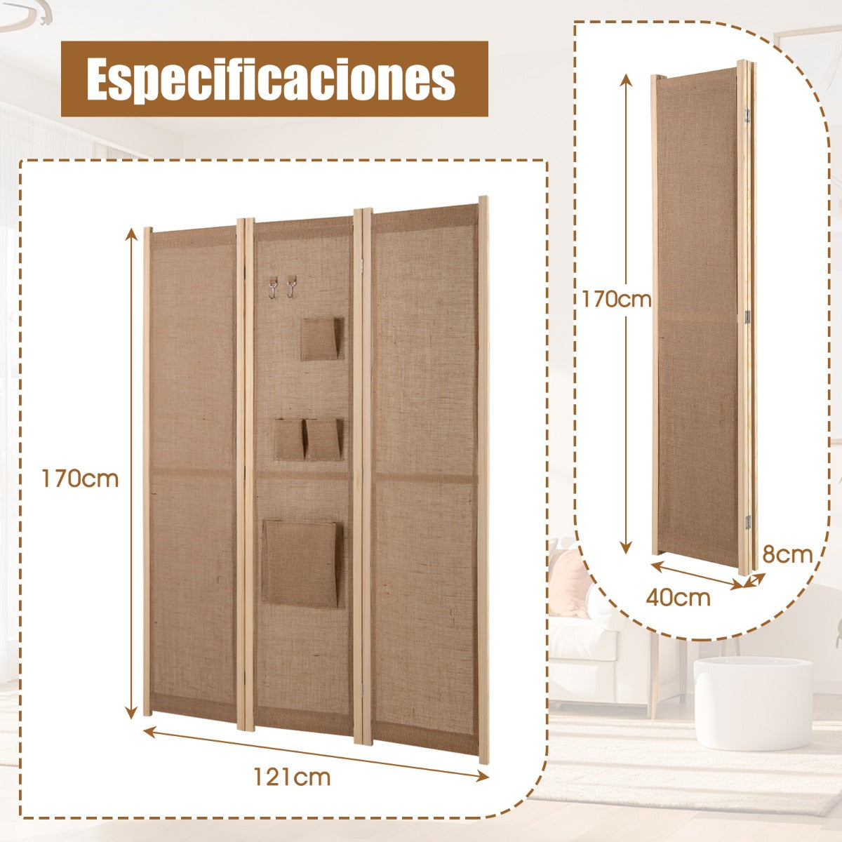 Pantalla Plegable de Privacidad 4 Paneles con Bolsas de Almacenaje Ganchos para Hogar Oficina Beige