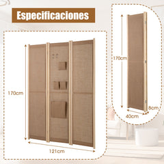 Pantalla Plegable de Privacidad 4 Paneles con Bolsas de Almacenaje Ganchos para Hogar Oficina Beige