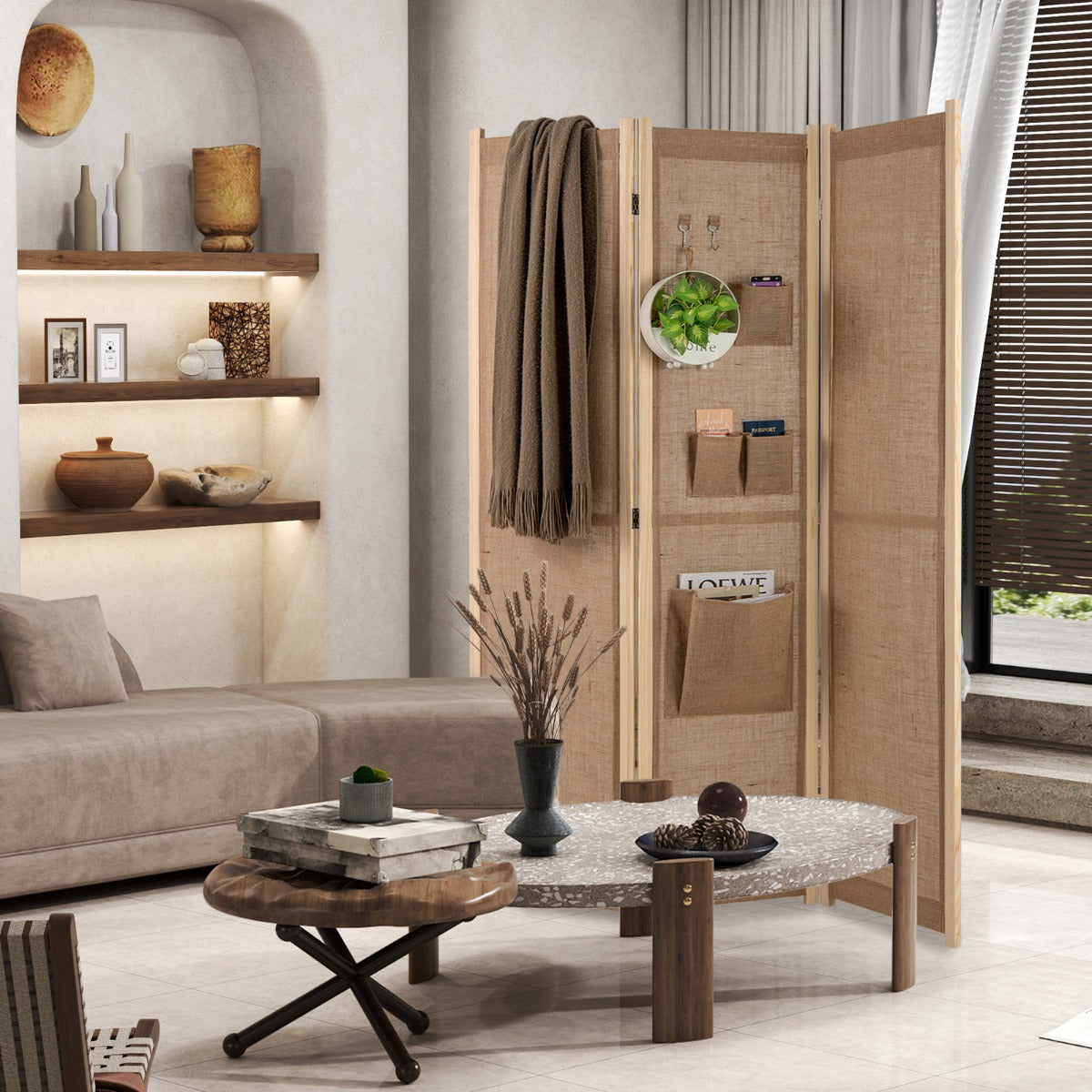 Pantalla Plegable de Privacidad 4 Paneles con Bolsas de Almacenaje Ganchos para Hogar Oficina Beige