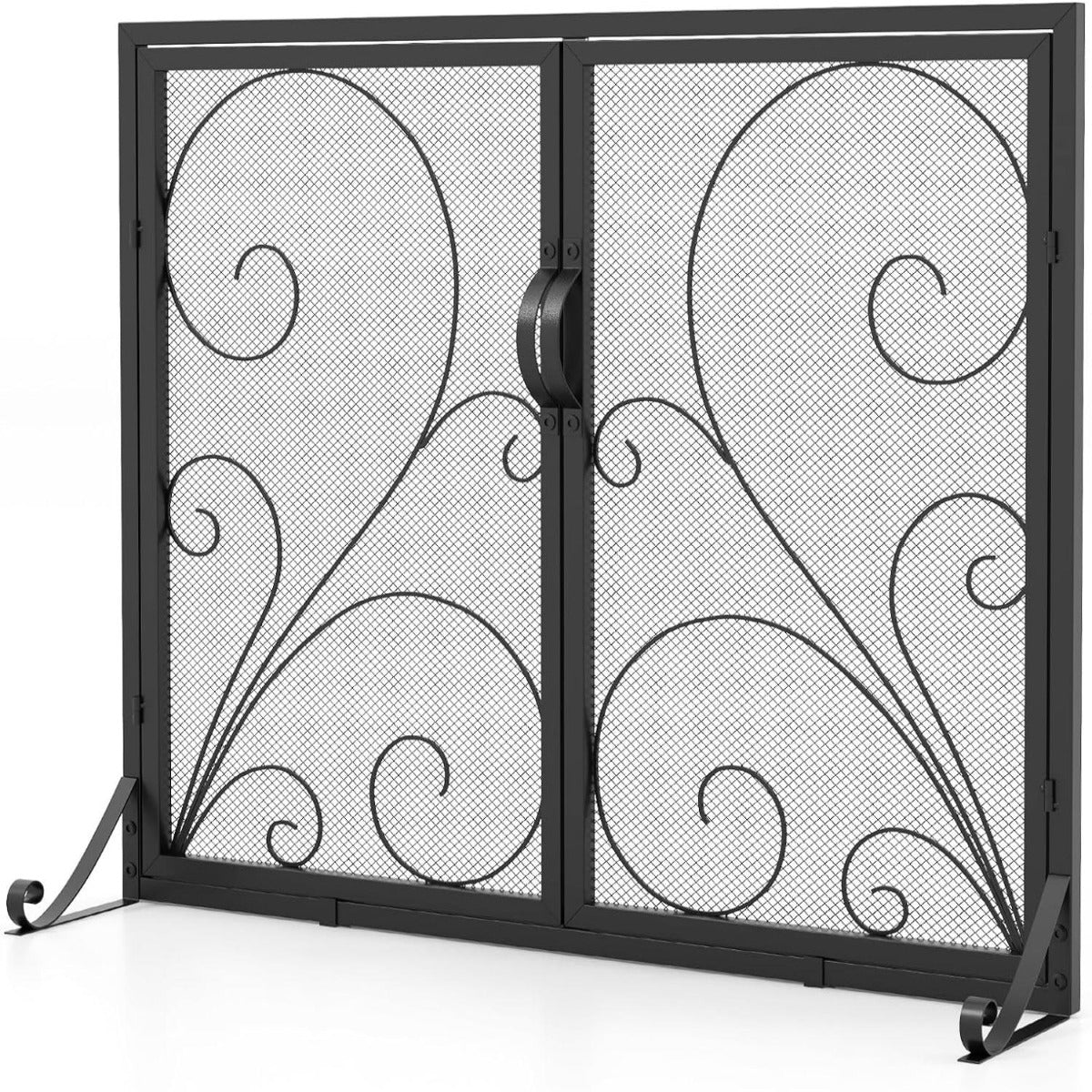 Pantalla de Chimenea de Puerta Doble con Soportes Delanteros y Traseros Pantalla Protectora Contra Incendios Plana 96 x 78 cm Negro