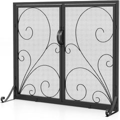 Pantalla de Chimenea de Puerta Doble con Soportes Delanteros y Traseros Pantalla Protectora Contra Incendios Plana 96 x 78 cm Negro