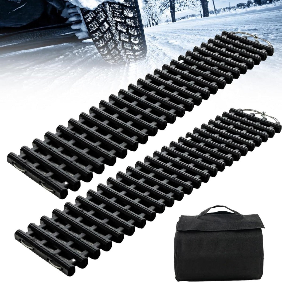 Paquete de 2 Alfombrillas de Tracción con Bolsa Almohadilla de Recuperación Portátil de TPR para Coche Neumáticos 98 x 21 x 2,8 cm Negro
