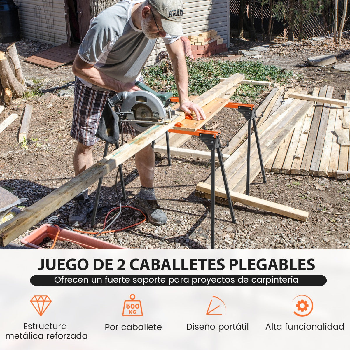 Paquete de 2 Caballetes Portátil de Sierra de Metal para Carpintería con Patas de Apertura Rápida 2 x 4 Brazos de Soporte Carga 500kg Rojo