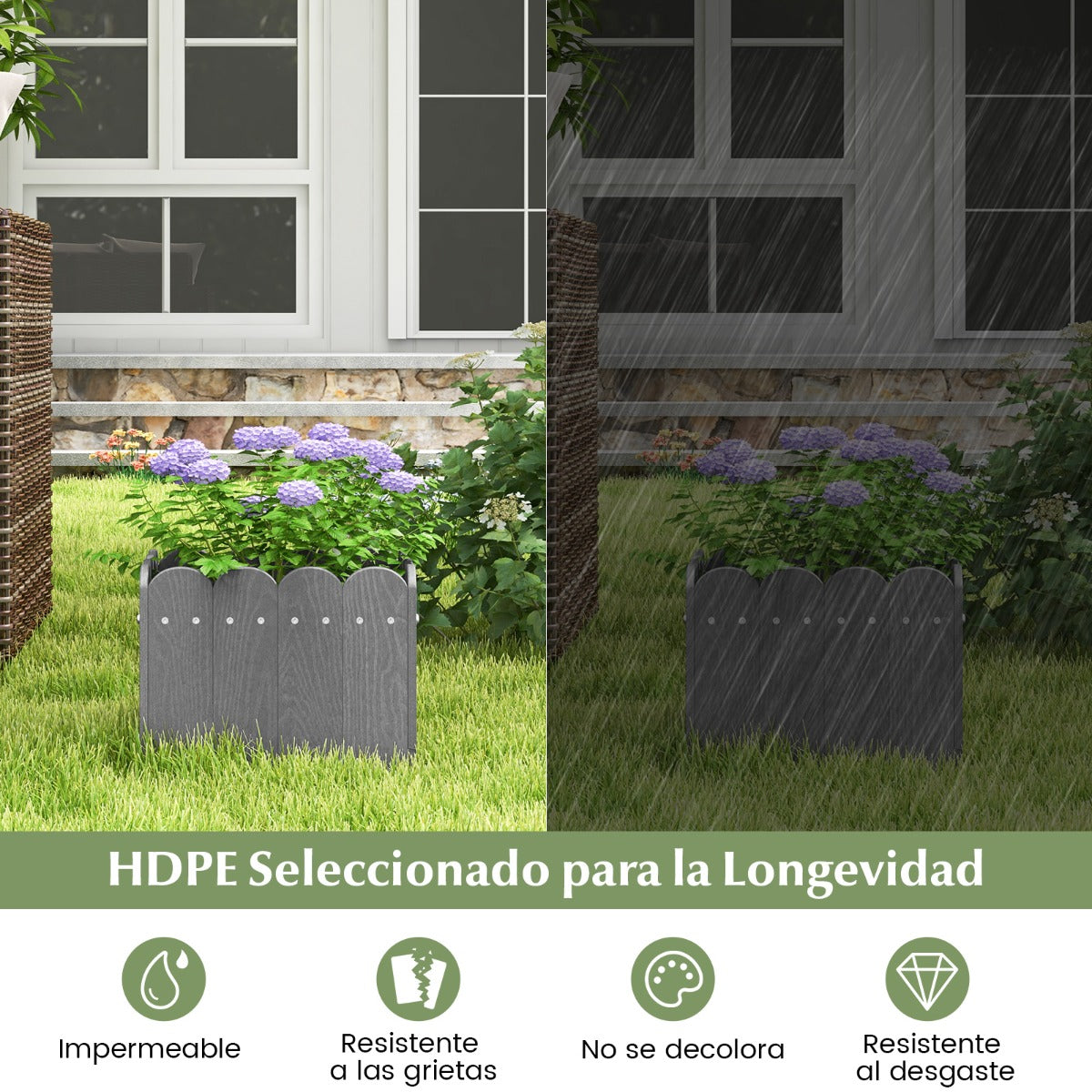 Paquete de 2 Jardineras Cuadradas Maceta de HDPE Resistente Intemperie con Huecos de Drenaje para Porche Balcón 32 x 30 x 25 cm Gris