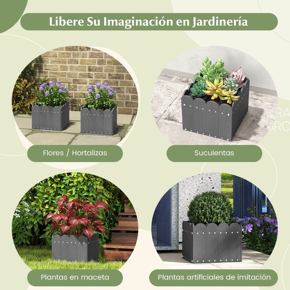 Paquete de 2 Jardineras Cuadradas Maceta de HDPE Resistente Intemperie con Huecos de Drenaje para Porche Balcón 32 x 30 x 25 cm Gris