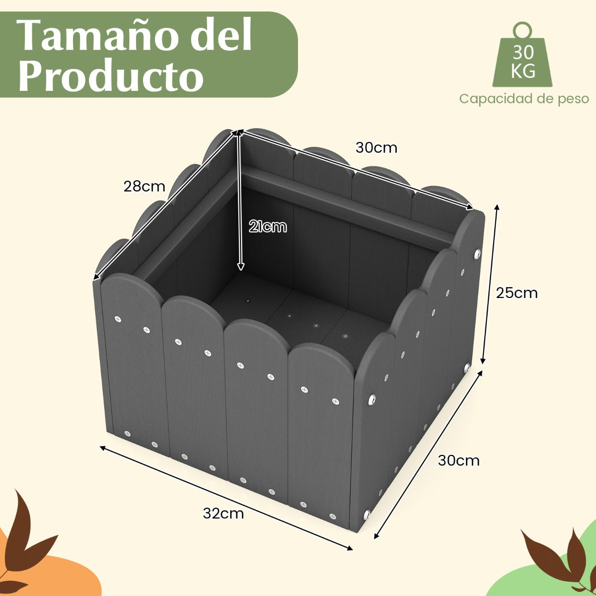 Paquete de 2 Jardineras Cuadradas Maceta de HDPE Resistente Intemperie con Huecos de Drenaje para Porche Balcón 32 x 30 x 25 cm Gris