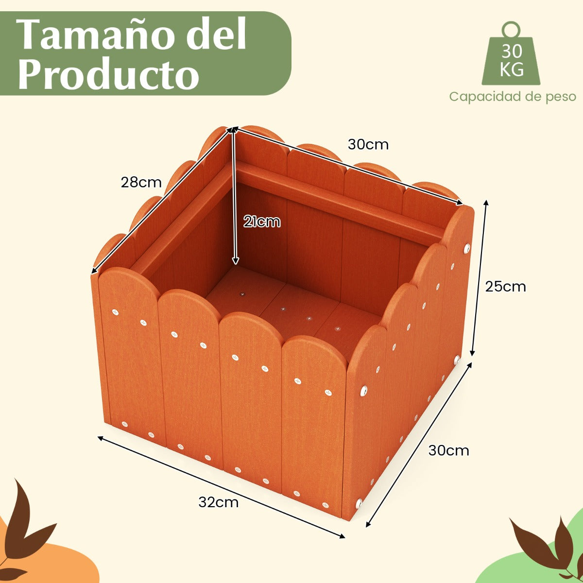 Paquete de 2 Jardineras Cuadradas Maceta de HDPE Resistente Intemperie con Huecos de Drenaje para Porche Balcón 32 x 30 x 25 cm Naranja