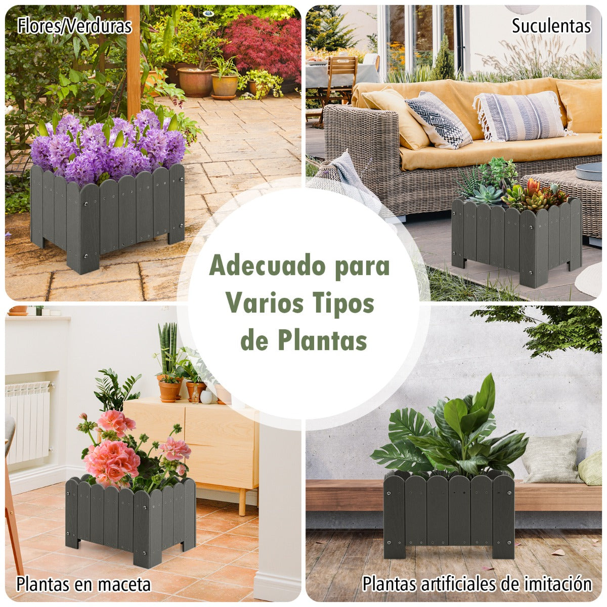 Paquete de 2 Jardineras Cuadradas Maceta de HDPE Resistente Intemperie con Huecos de Drenaje para Porche Balcón 45 x 32 x 30 cm Gris
