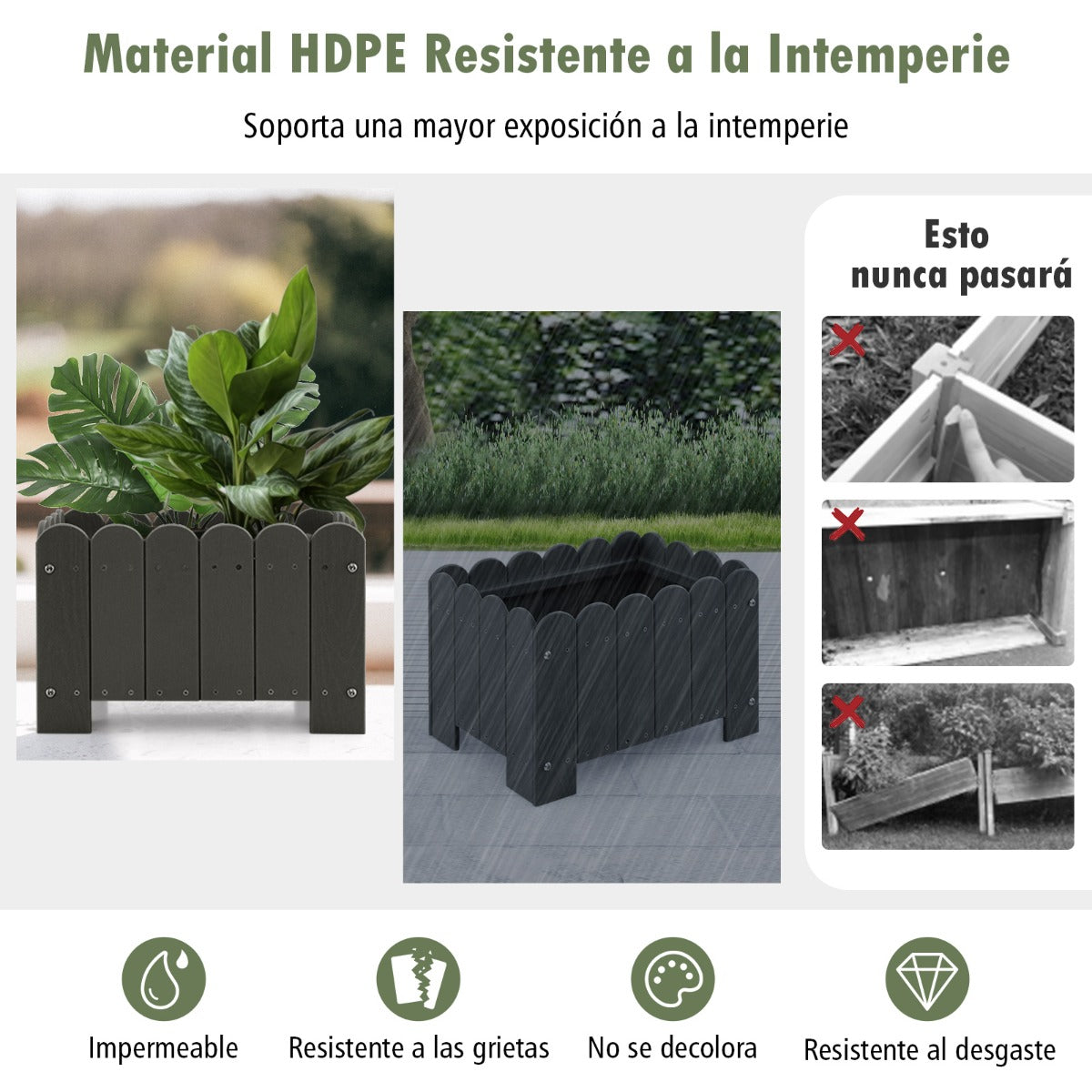 Paquete de 2 Jardineras Cuadradas Maceta de HDPE Resistente Intemperie con Huecos de Drenaje para Porche Balcón 45 x 32 x 30 cm Gris