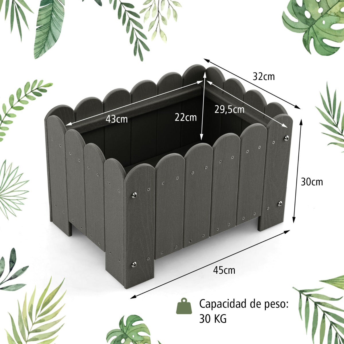 Paquete de 2 Jardineras Cuadradas Maceta de HDPE Resistente Intemperie con Huecos de Drenaje para Porche Balcón 45 x 32 x 30 cm Gris