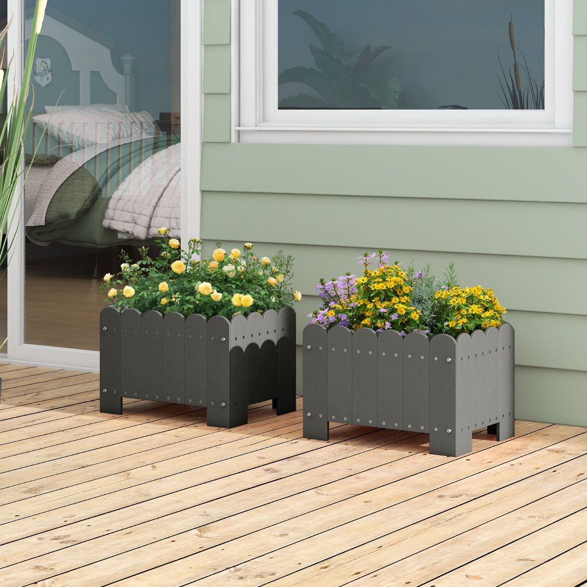 Paquete de 2 Jardineras Cuadradas Maceta de HDPE Resistente Intemperie con Huecos de Drenaje para Porche Balcón 45 x 32 x 30 cm Gris