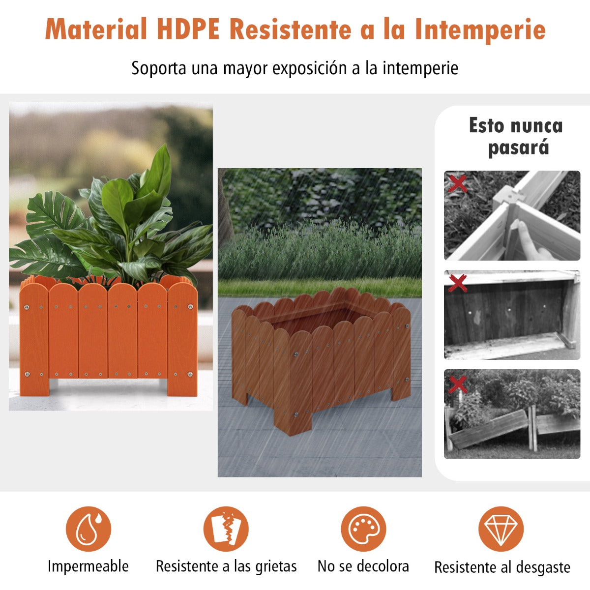 Paquete de 2 Jardineras Cuadradas Maceta de HDPE Resistente Intemperie con Huecos de Drenaje para Porche Balcón 45 x 32 x 30 cm Naranja